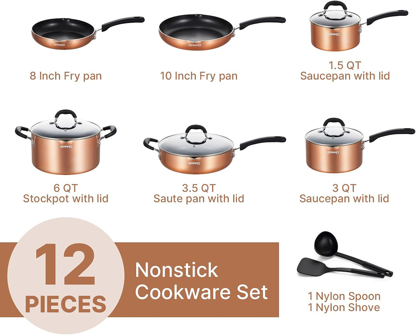 Nonstick 12 Pieces Cookware Set, Copper Pots and Pans with Stay Cool Silicone Handle, Dishwasher Safe & Induction Compatible