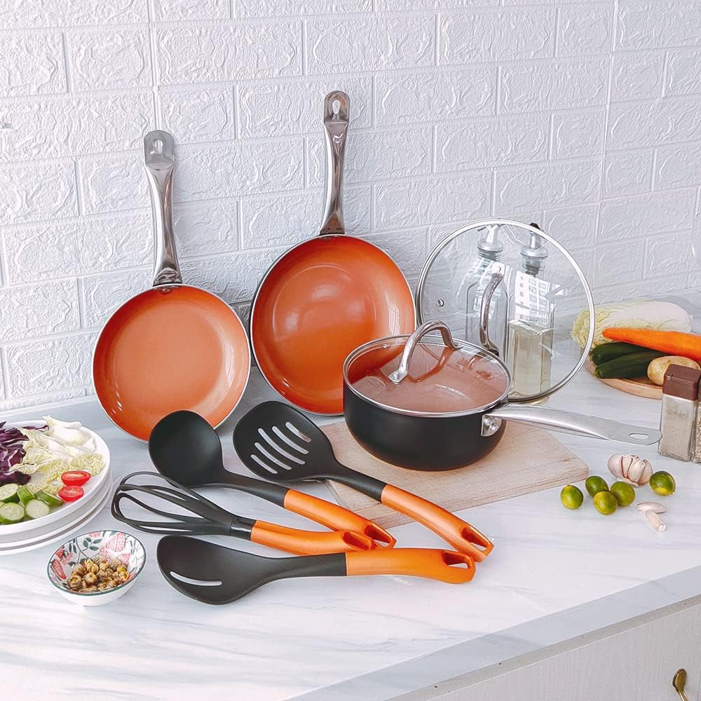 9 Pieces Copper Nonstick Pots Pans with Utensils (9 Pieces Set (2 Pans & 1 Pot with Utensils))