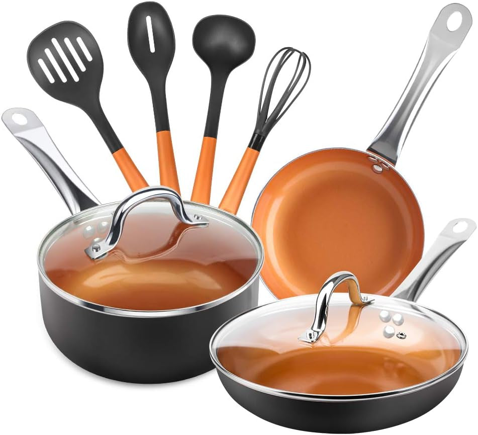 9 Pieces Copper Nonstick Pots Pans with Utensils (9 Pieces Set (2 Pans & 1 Pot with Utensils))