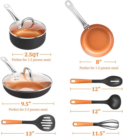 9 Pieces Copper Nonstick Pots Pans with Utensils (9 Pieces Set (2 Pans & 1 Pot with Utensils))