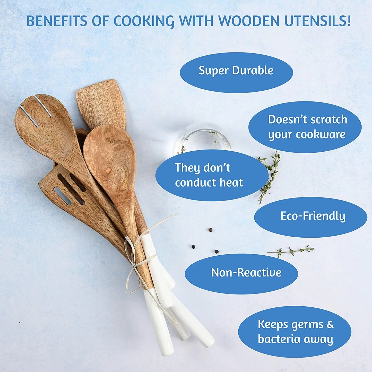 Wooden Spoons for Cooking Set for Kitchen, Non Stick Cookware Tools or Utensils, Set of 5 - 12 Inches Long, Acacia Wood, White