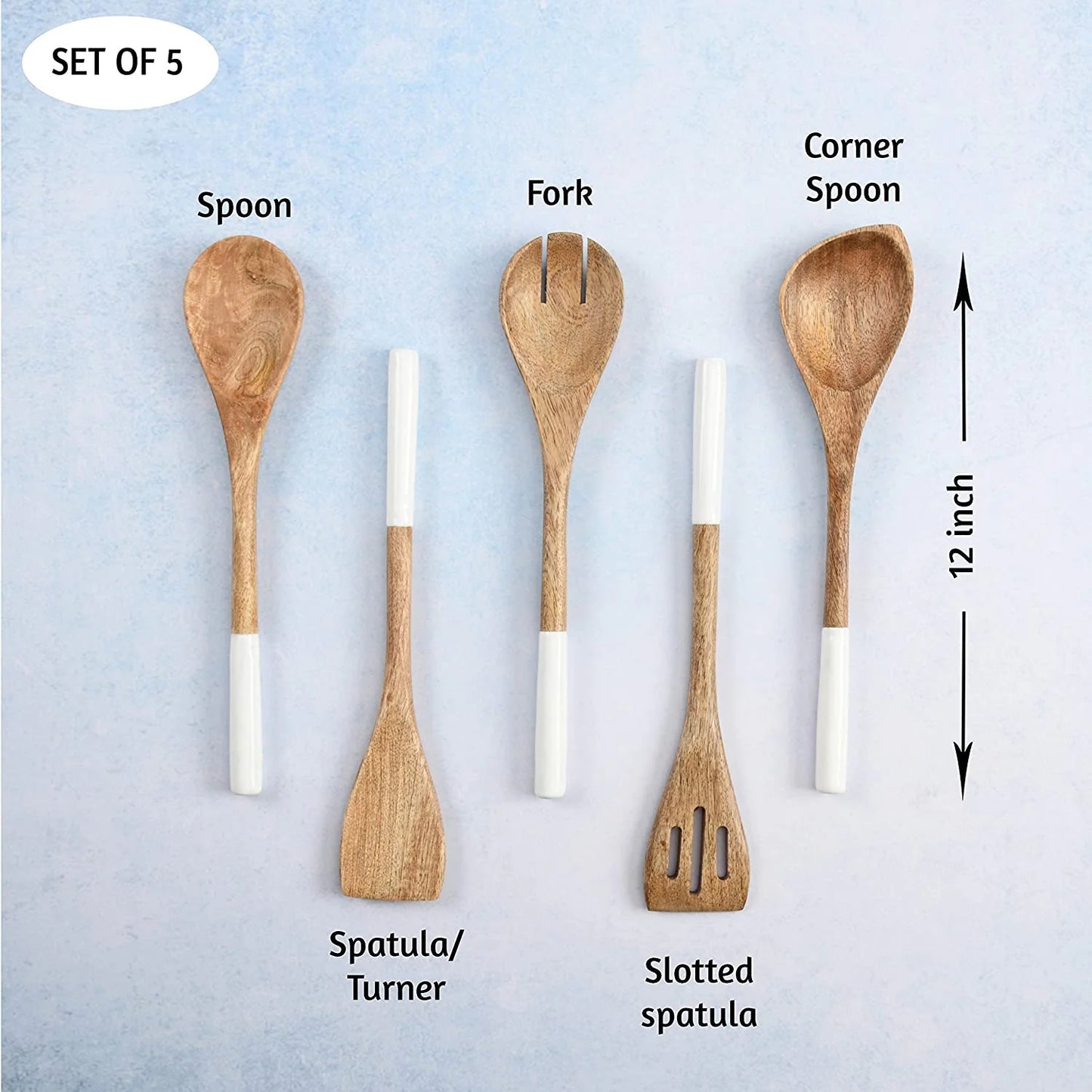 Wooden Spoons for Cooking Set for Kitchen, Non Stick Cookware Tools or Utensils, Set of 5 - 12 Inches Long, Acacia Wood, White