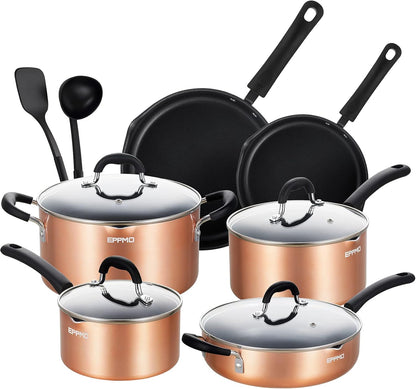 Nonstick 12 Pieces Cookware Set, Copper Pots and Pans with Stay Cool Silicone Handle, Dishwasher Safe & Induction Compatible